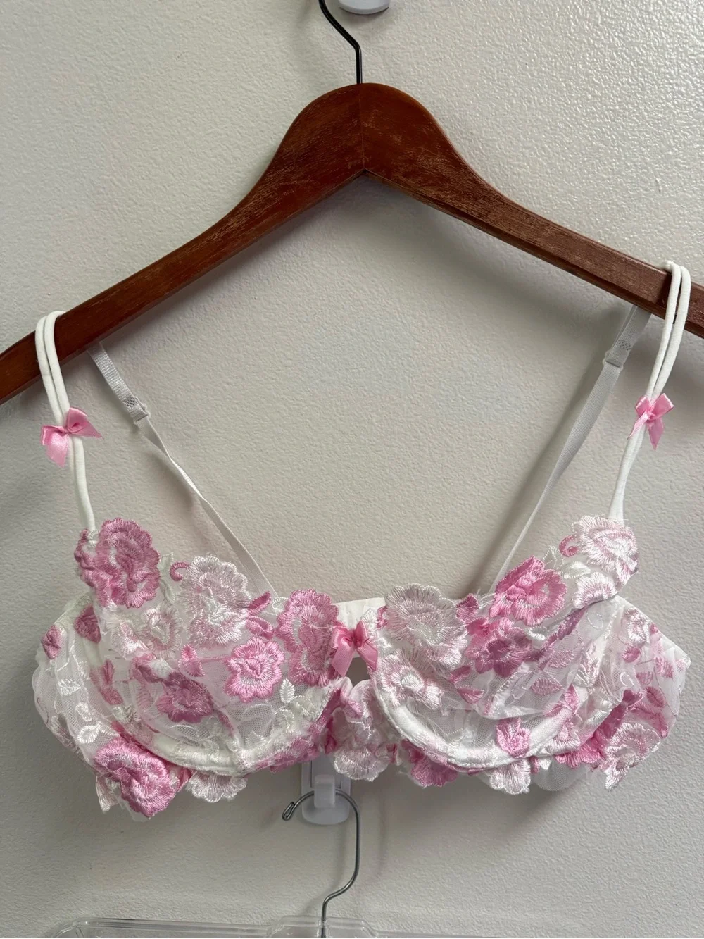 Sheer Floral Embroidered Lace Bra & Thong Set White with Pink Floral
